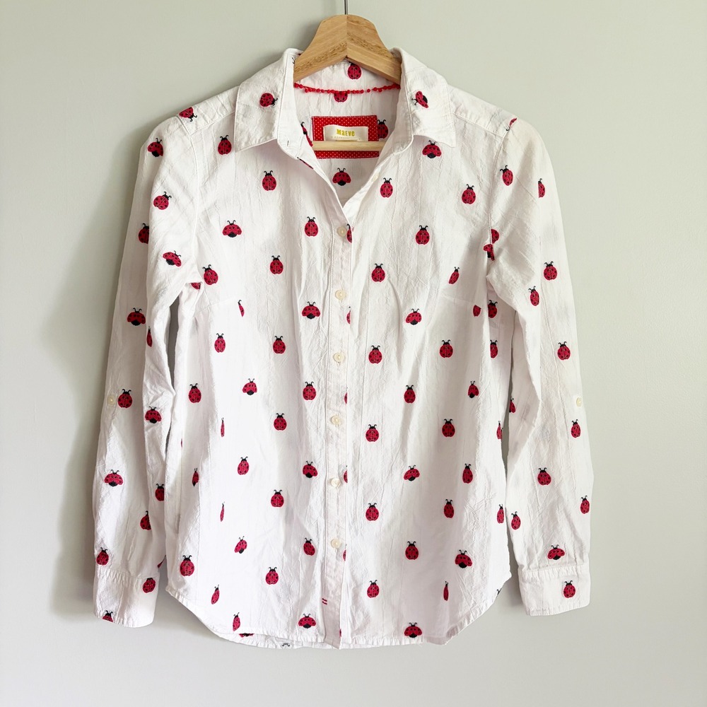 Maeve Anthropologie Ladybug Print Button Down Shirt XXS White Red Long Sleeve